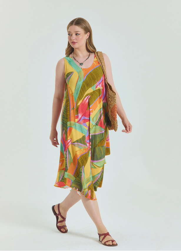 Boat Neck Loose Cut Yellow Plus Size Dress 4667